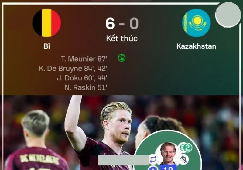 De Bruyne tỏa sáng giúp Bỉ thắng đậm Kazakhstan